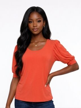 CeCe Orange Puff Sleeve Scoop Neck Top Size M